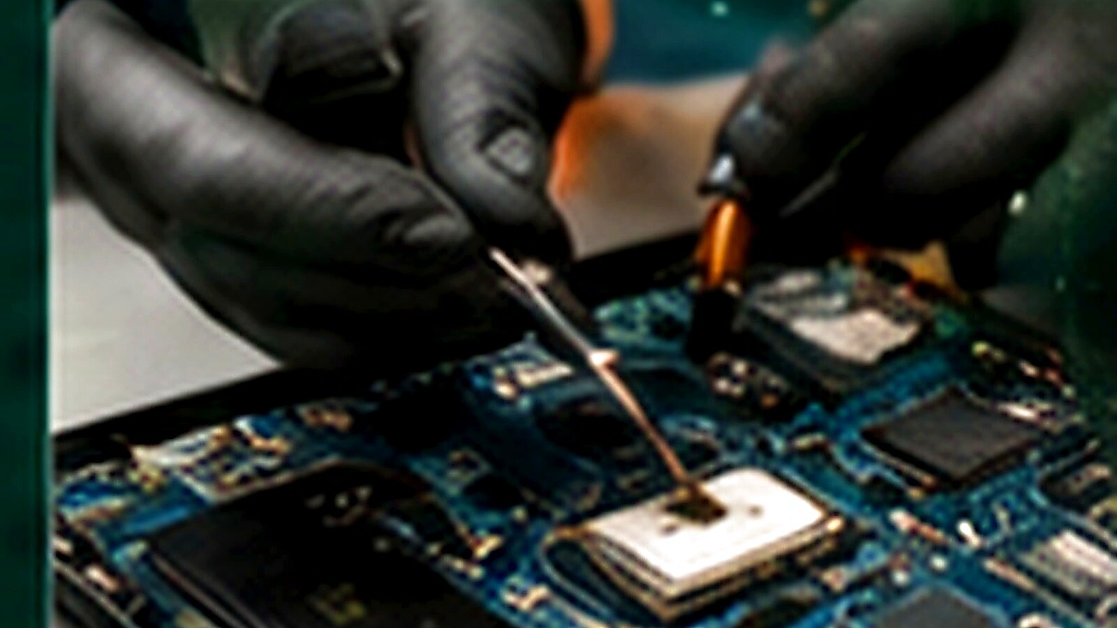 Technician assessing a device circuit board