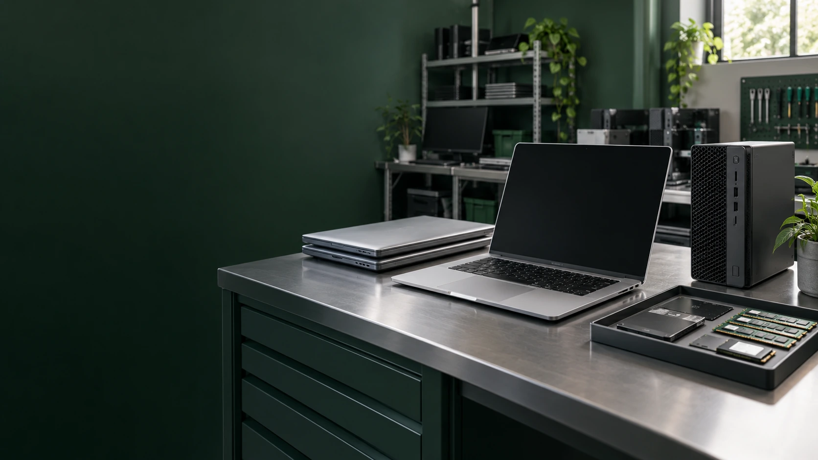 Illustratie van laptops, een desktopcomputer en herbruikbare onderdelen in een werkplaats voor het opknappen van apparatuur